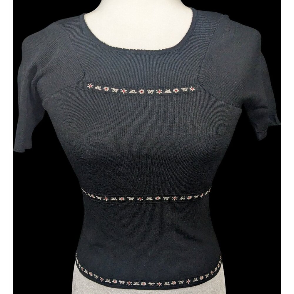 Y2K Jane Doe Black Top With Red And White Embroidered Floral Details Size Small